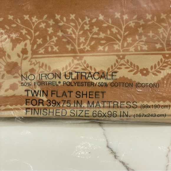 New VTG Wamsutta Caramel Brown Twin Flat Fortel Cotton Blend Flower Leaf Pattern - Picture 3 of 8